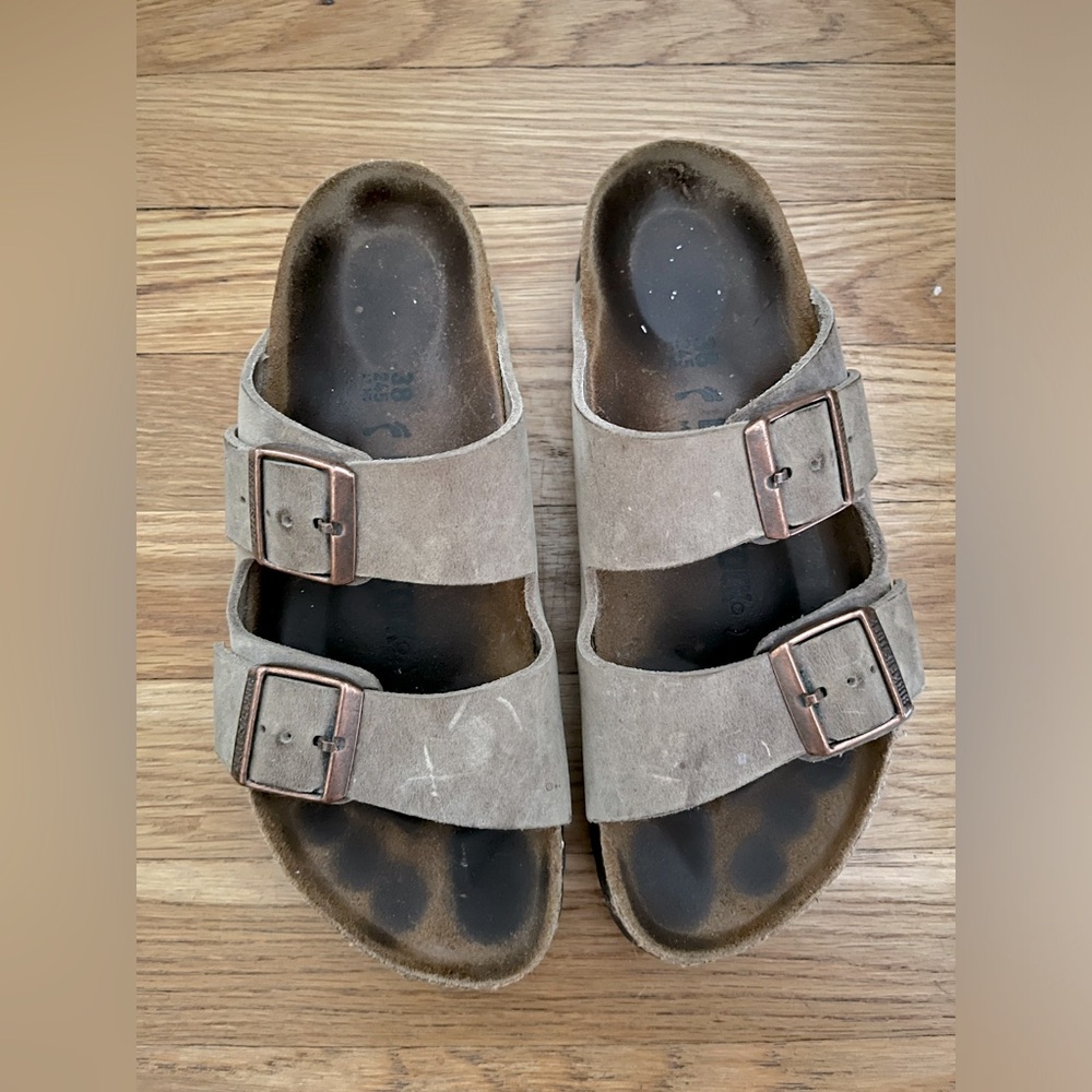 Birkenstock Arizona Taupe Suede Leather Sandals Soft Footbed Shoes Sz 38